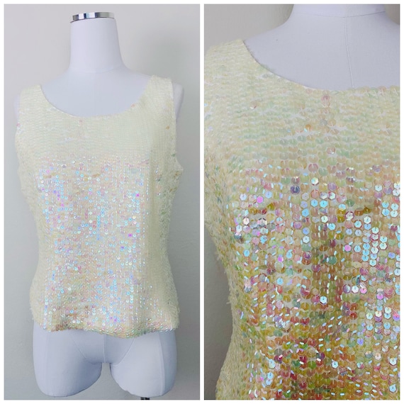 1990s Vintage Emily Spencer Cream Sequin Tank Top… - image 2