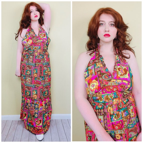 1970s Vintage Neon Paisley Deadstock Halter Dress… - image 1