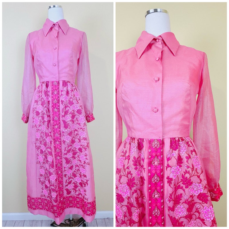 1970s Alfred Shaheen Pink Shift Dress with Sheer Sleeves