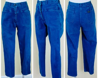 1980s Fairy Brand Vintage Bright Blue High Waist Jeans Retro Statement Denim Pants Cropped Straight Leg Jeans / Small