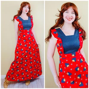 1970s Vintage Cotton Red and Blue Strawberry Pinafore Dress / 70s Ruffled Novelty Print Maxi Prairie Gown / Size Small