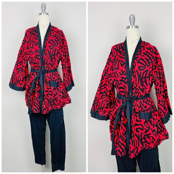 1960s Vintage Red and Black Pajama Set 60s Sixties