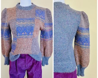 1980s Vintage Courtney Rhodes Wool Puffed Sleeve Sweater / 80s Patchwork Knit Blue and Brown Cottage Core Jumper / Size Medium