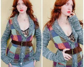 1970s Vintage Green Space Dye Acrylic Cardigan / 70s / Seventies Multi Color Patchwork Design Sweater / Size Small - Medium