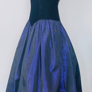 1980s Vintage Dessy Creations Sheer Illusion Party Dress / Velvet and Blue Metallic Taffeta Prom Gown / Size Medium image 3