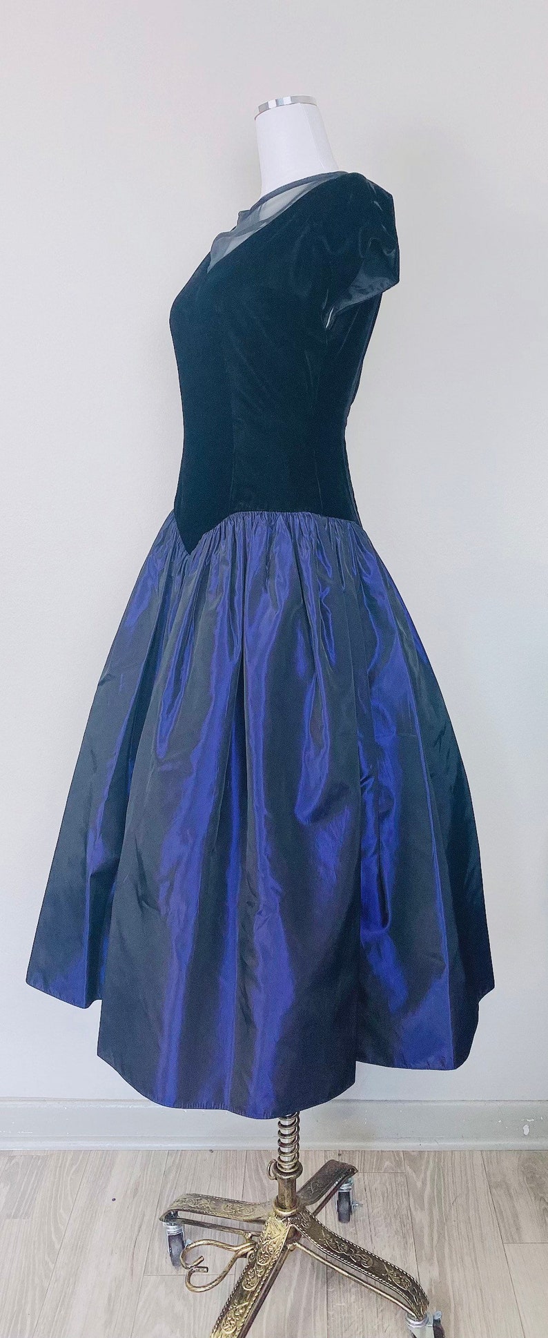 1980s Vintage Dessy Creations Sheer Illusion Party Dress / Velvet and Blue Metallic Taffeta Prom Gown / Size Medium image 3