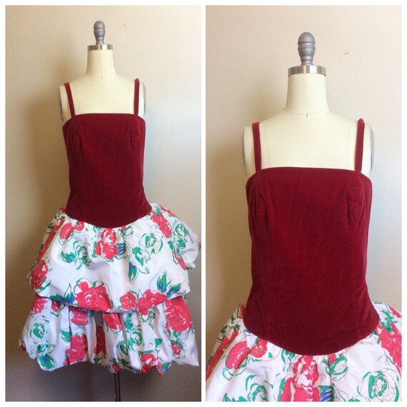 1980s Vintage Red Velvet and Floral Bubble Hem Dre