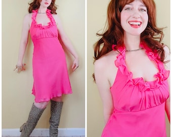 Y2K Vintage Donna Ricco Pink Silk Dress / Ruffled Coquette Halter Mini Dress / Small