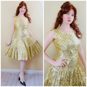 1960s Vintage Gold Eyelash Dropped Waist Dress / 60s / Sixties Metallic Fit and Flare Party Dress / Small - Medium