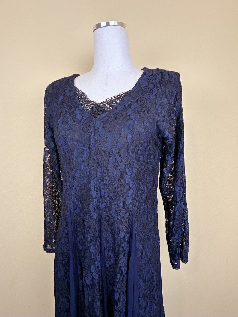 1990s Vintage Nostalgia Rayon Lace Dress / 90s Grunge Sheer Floral Navy Blue and Black Midi Dress / Size Small Medium image 7