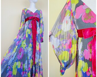 1960s Vintage Chiffon Checkered Pleated Maxi Gown / 60s Velvet Bow Empire Waist Sheer Romantic Sleeve Flower Power Dress / Small