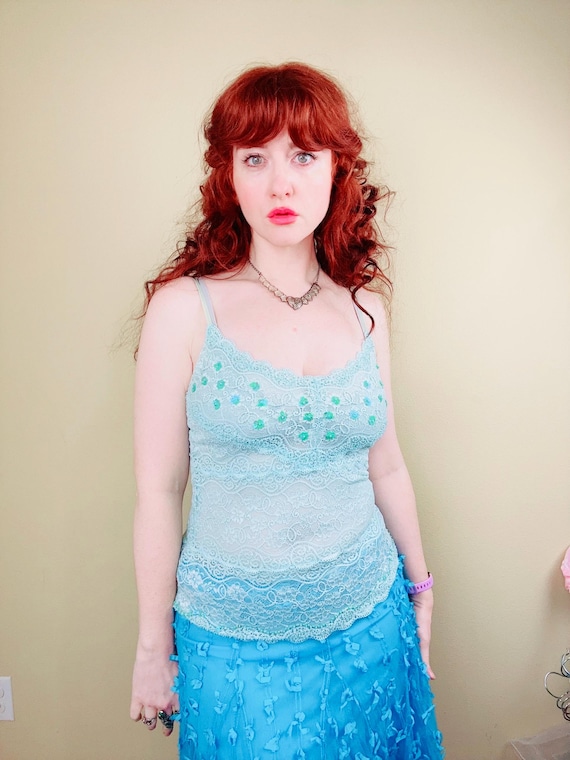 Violeta Aqua Lace Camisole | Vintage Lace Tank Top | Sheer Lace Top | Feminine Layering Piece | Y2K Beaded Fairy / Small - Medium