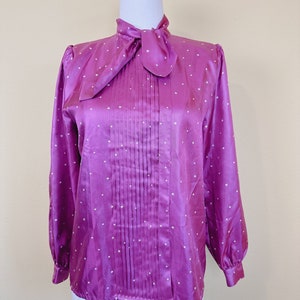 1980s Hanae Mori Tops Silky Blouse / 80s Magenta Pleated Ascot Star Print Butt Up Shirt / Small Medium image 2