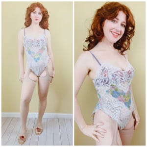 1980s Vintage Vasarrette Pastel Floral Onesie / 80s Lace Trim Coquette Teddy / Small
