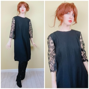 1960s Vintage Black Crepe Shift Dress / 60s Volup Lace Sleeve Dress / Size XL