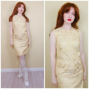 1960s Vintage Mascot By Trude California Brocade Set / Yellow / Gold  Paisley Wiggle Skirt and Tank / Size Small