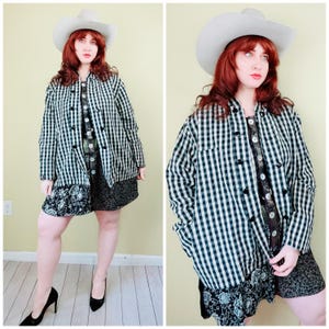 1990s Vintage Daisy Hill Cotton Black and Cream Gingham Oversized Plaid Jacket /  Large