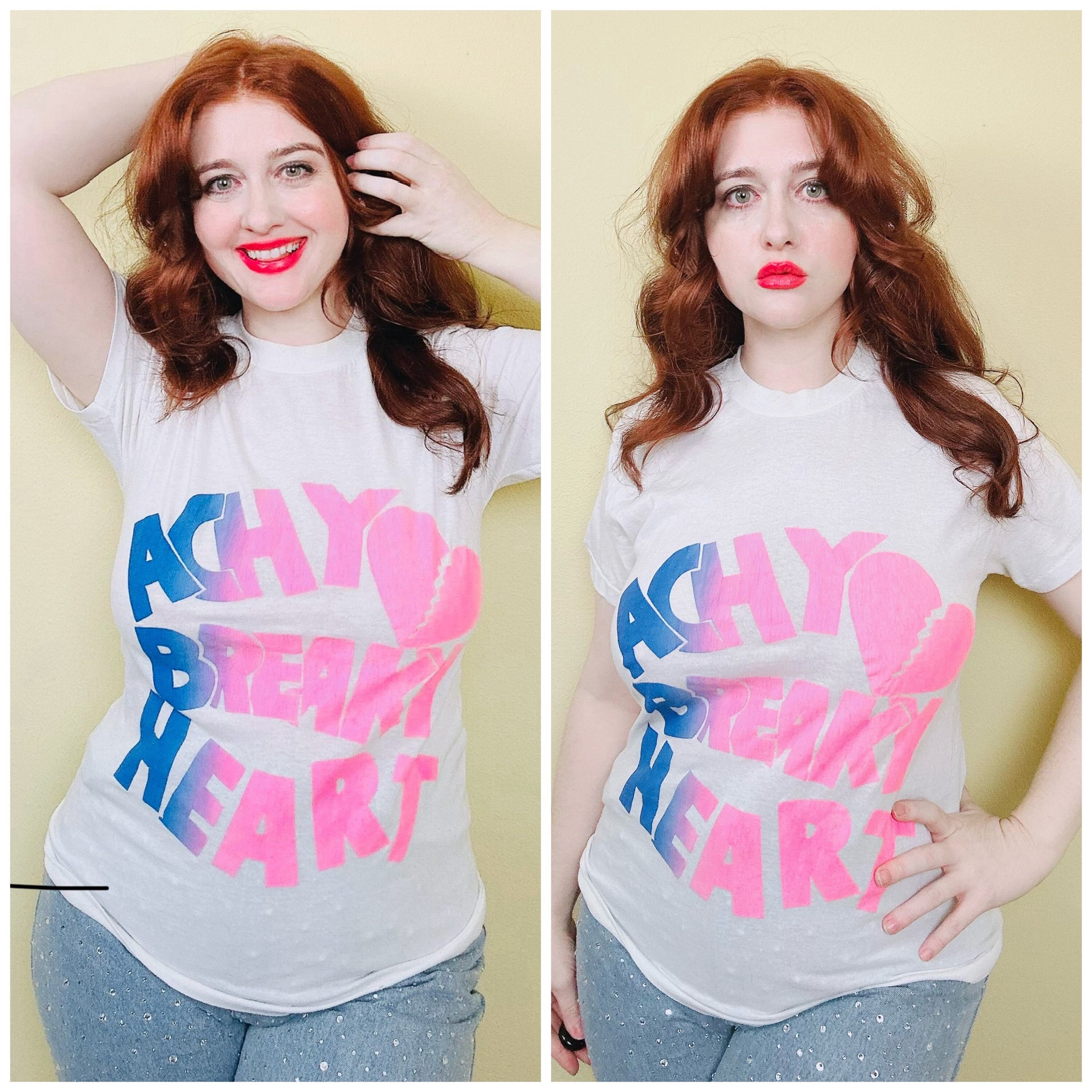 1980s Vintage Achy Breaky Heart T-shirt 80s Pink and Blue