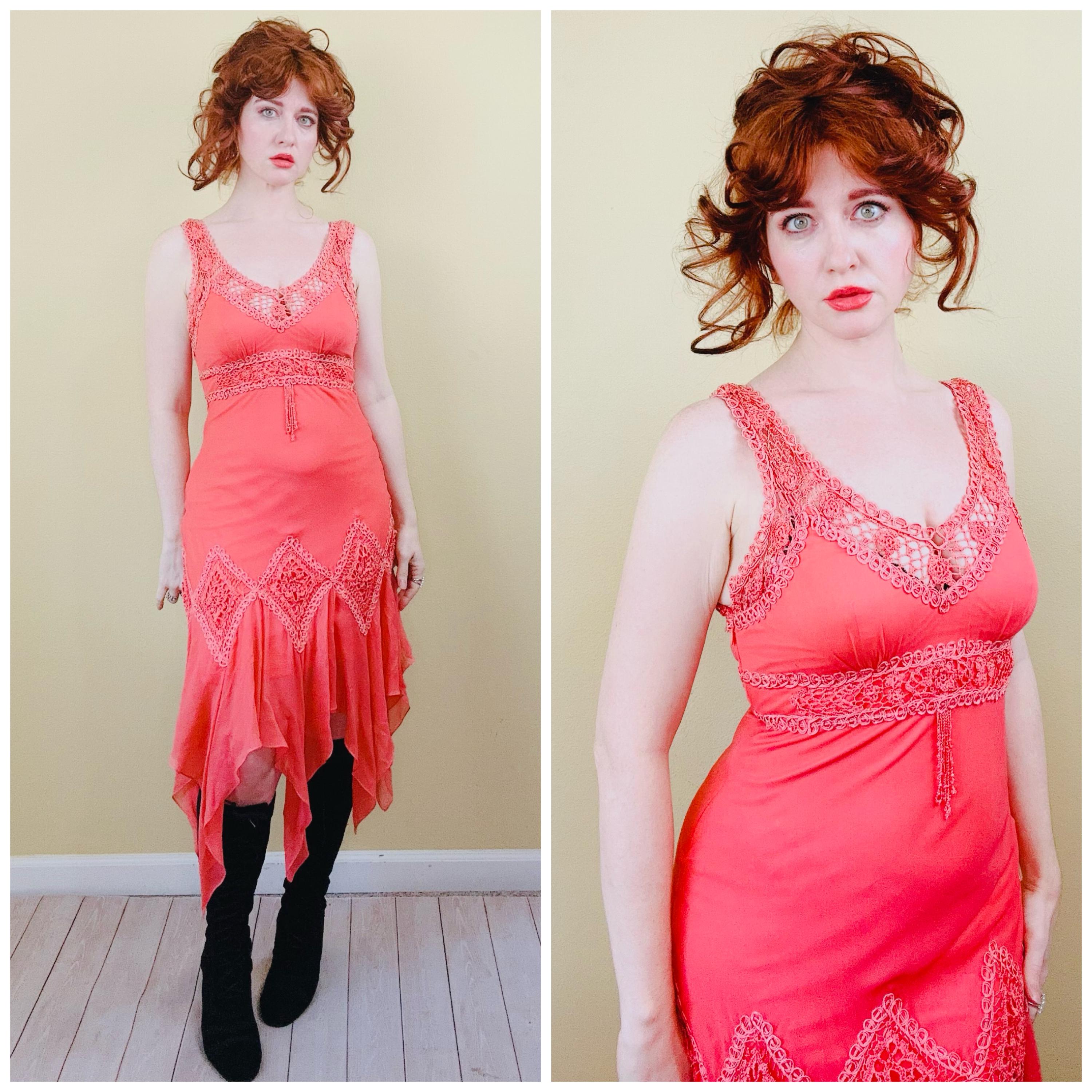 Y2K Vintage Sue Wong Coral Silk Fairy Dress / Crochet Beaded
