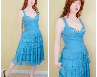 Y2K Turquoise Silk Party Dress: Beaded Ruffle Fairycore Gown
