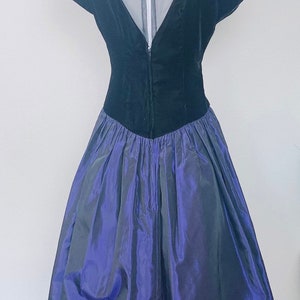 1980s Vintage Dessy Creations Sheer Illusion Party Dress / Velvet and Blue Metallic Taffeta Prom Gown / Size Medium image 4