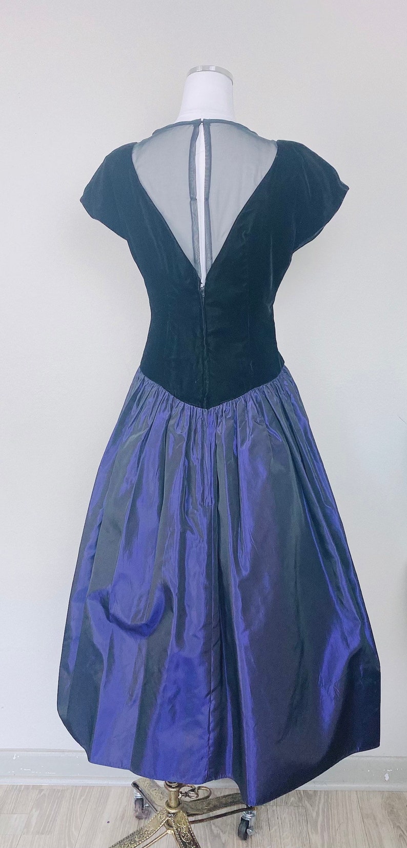 1980s Vintage Dessy Creations Sheer Illusion Party Dress / Velvet and Blue Metallic Taffeta Prom Gown / Size Medium image 4