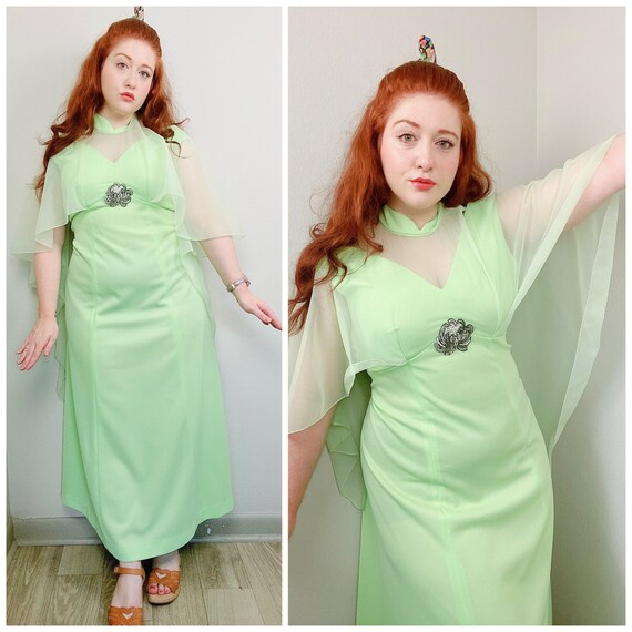 1970s Vintage Pistachio Polyester Sheer Cape Dress