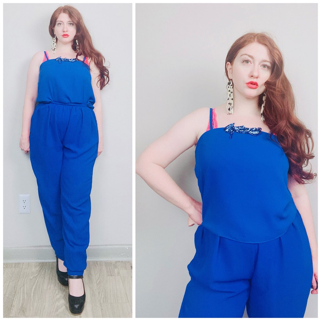 1980s Vintage Blue Poly Chiffon Pant Set / 80s Cropped Tank Top and