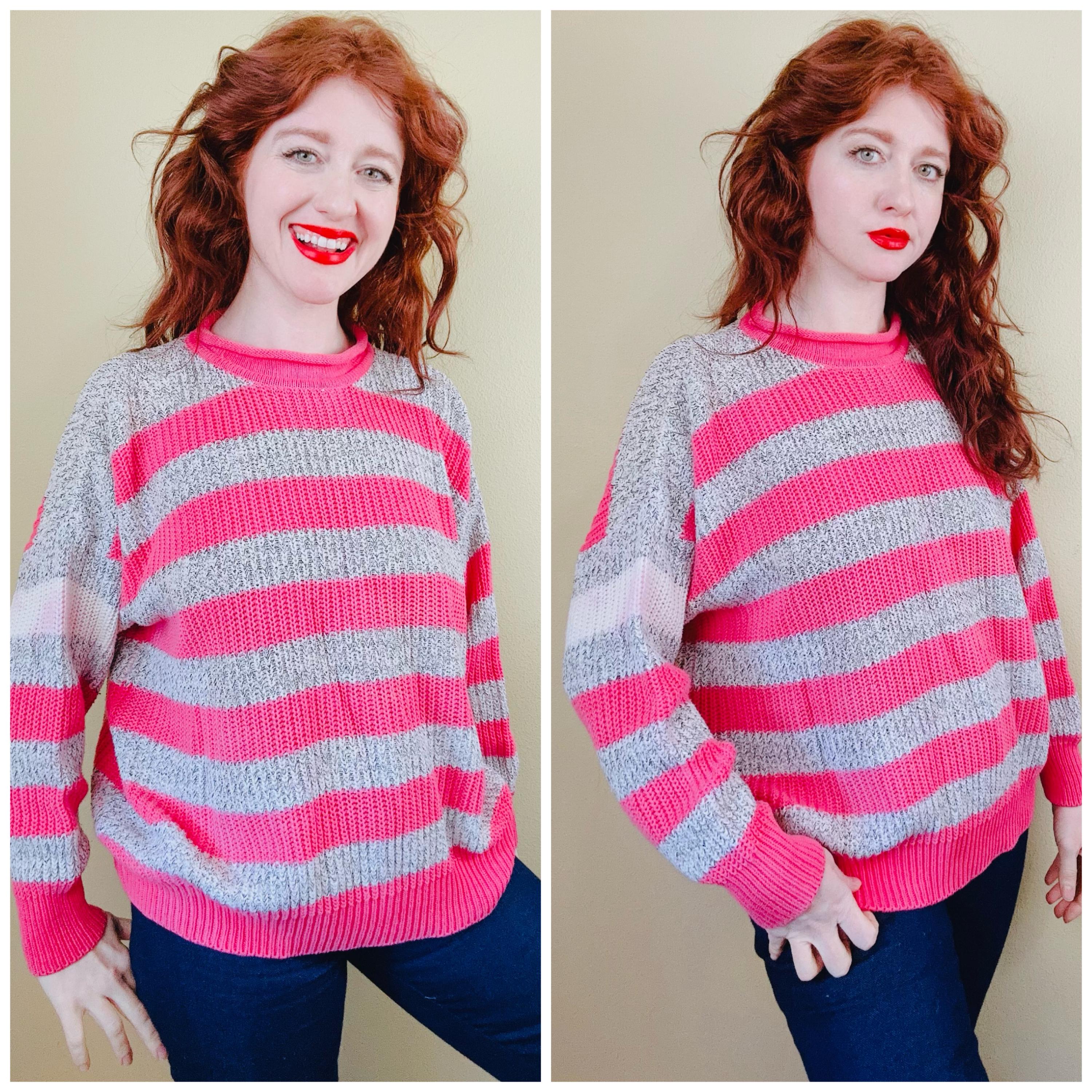 1980s Vintage Forenza Striped Knit Sweater: Pink Cotton Ramie, M/L
