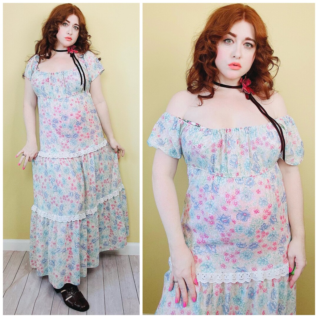 1970s Vintage Cotton Sem Sheer Floral Maxi Dress / 70s / Seventies Lace ...
