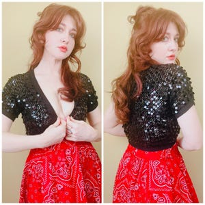 Y2K Glimmer Ramie Cotton Cropped Bolero / Vintage Black Sequin Beaded Shrug Top / Medium