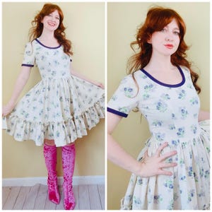 1970s Floral Western Dress: Vintage Cream Cotton Square Dance Dress
