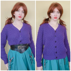 1970s Vintage Raje Acrylic Purple Cardigan / 70s Pointelle Popcorn