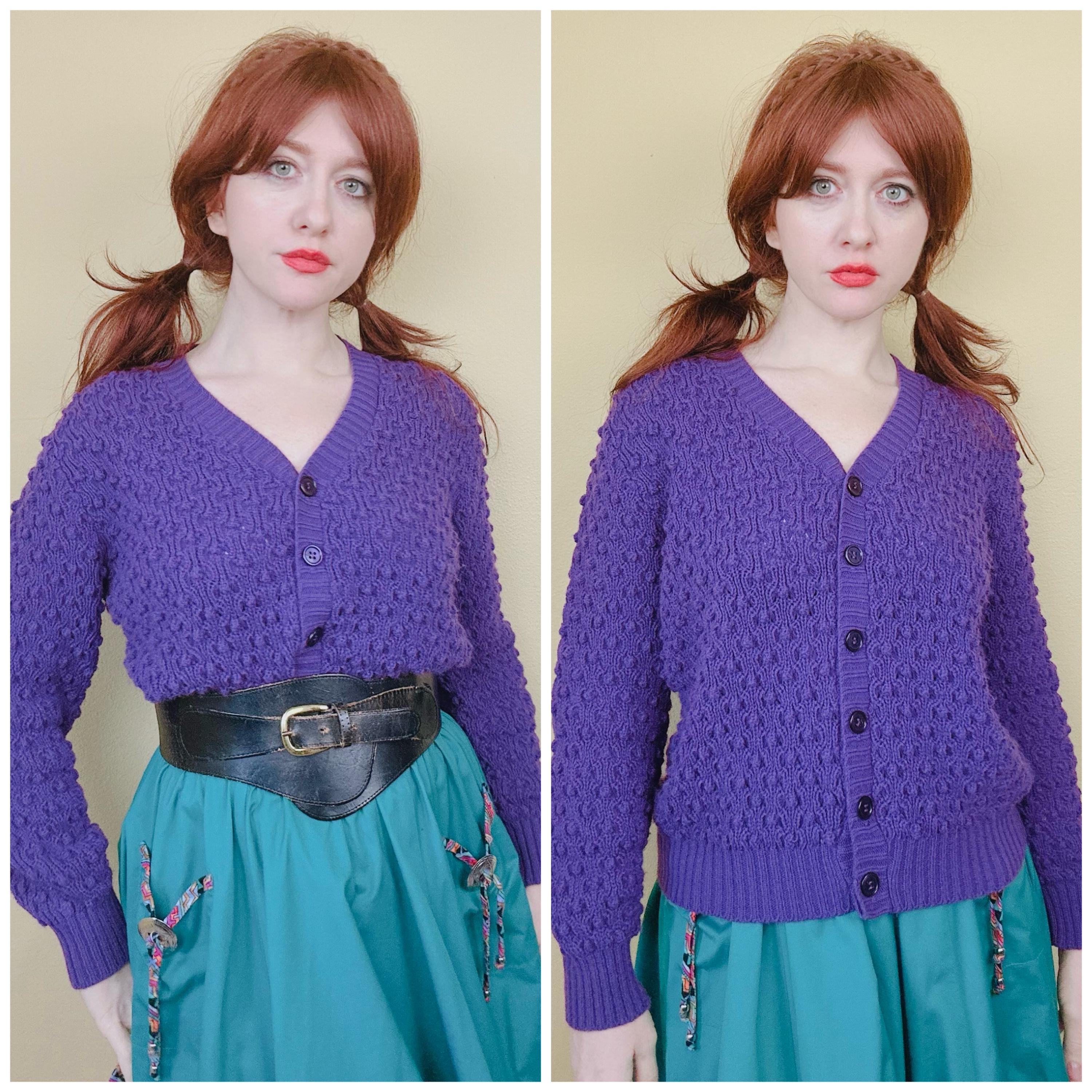 1970s Vintage Raje Acrylic Purple Cardigan / 70s Pointelle Popcorn