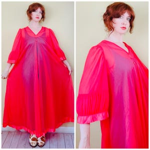 1960s Vintage Warners Coral Nylon Dressing Gown / Ribbon Trim Babydoll Maxi Length Overcoat / One Size
