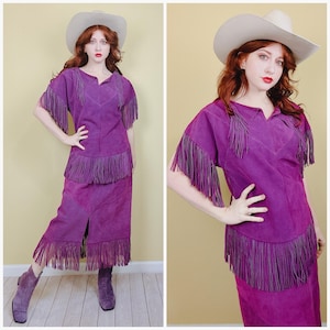 1980s Vintage Pioneer Wear Purple Suede Western Set / 80s / Eighties Fringe / Fringed Leather Skirt and Blouse / Size Medium - Large