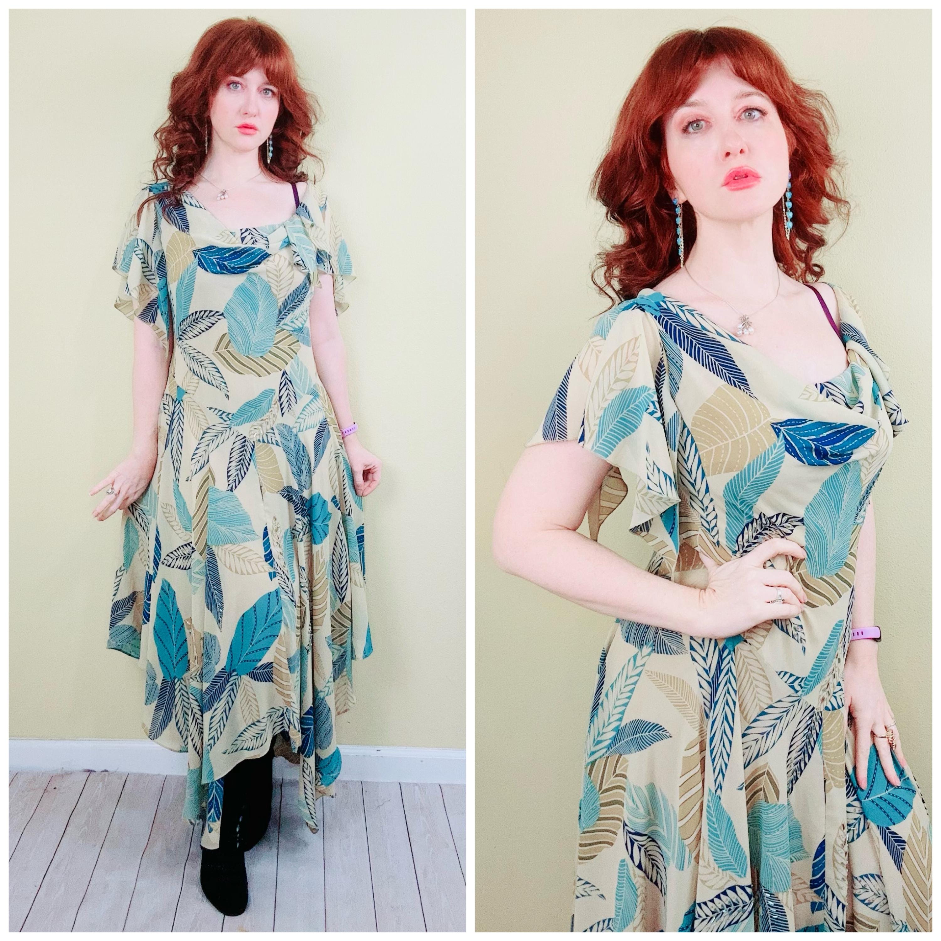 Y2K Blue Leaf Beaded Bias Cut Dropped Waist Fairy Dress / XL