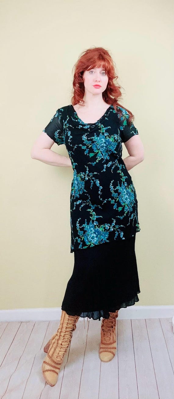 1990s Vintage Eva Blue Black and Bue Beaded Bias Cut Fairy Dress / XL