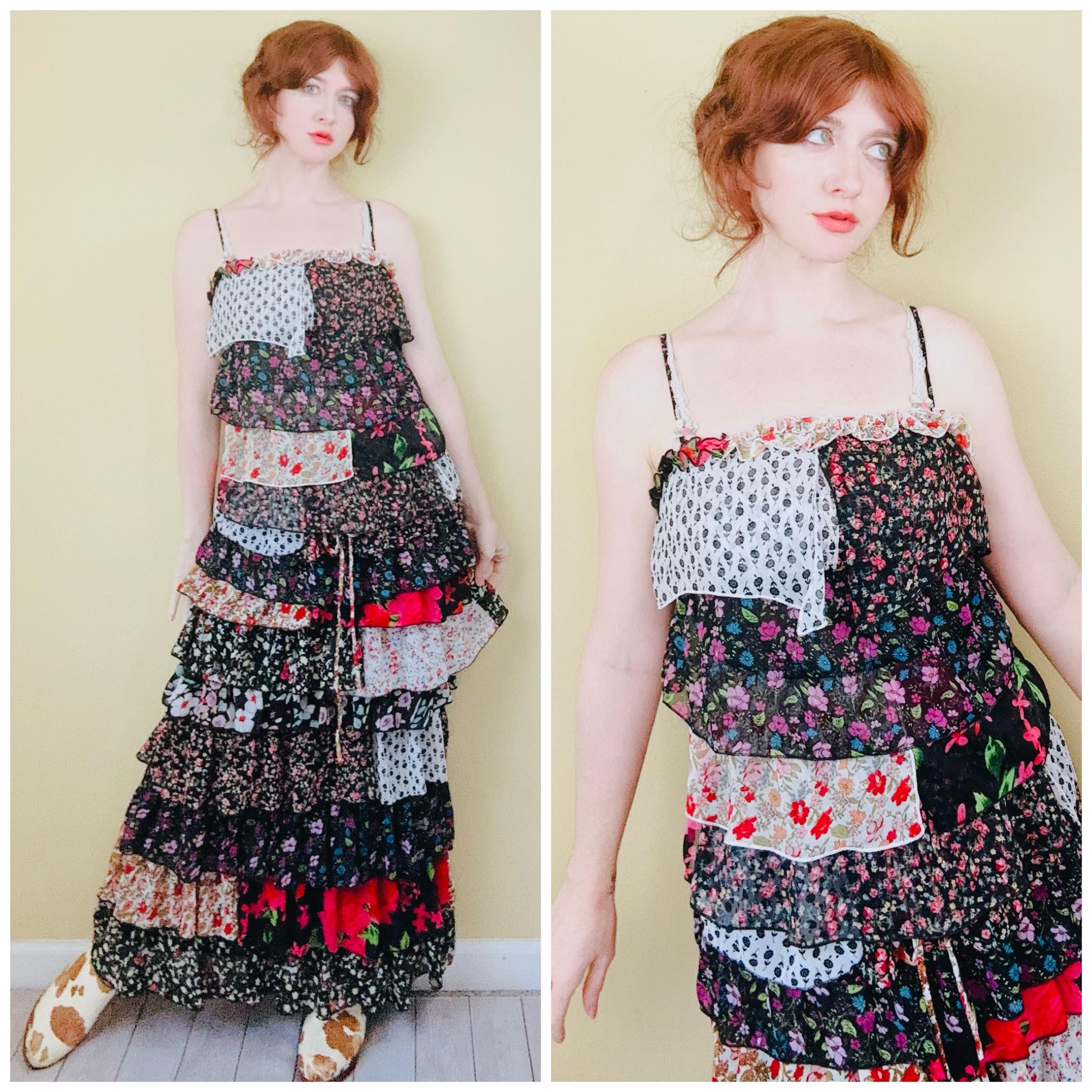 Y2K LISSA Patchwork Skirt Set: Vintage Floral Chiffon Tank & Maxi