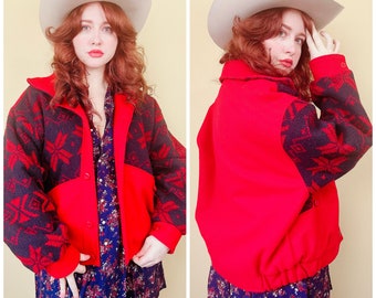 1990s Vintage Woolrich Woman Red and Blue Bomber Jacket / 90s Snowflake Fair Isle Western Coat / Large