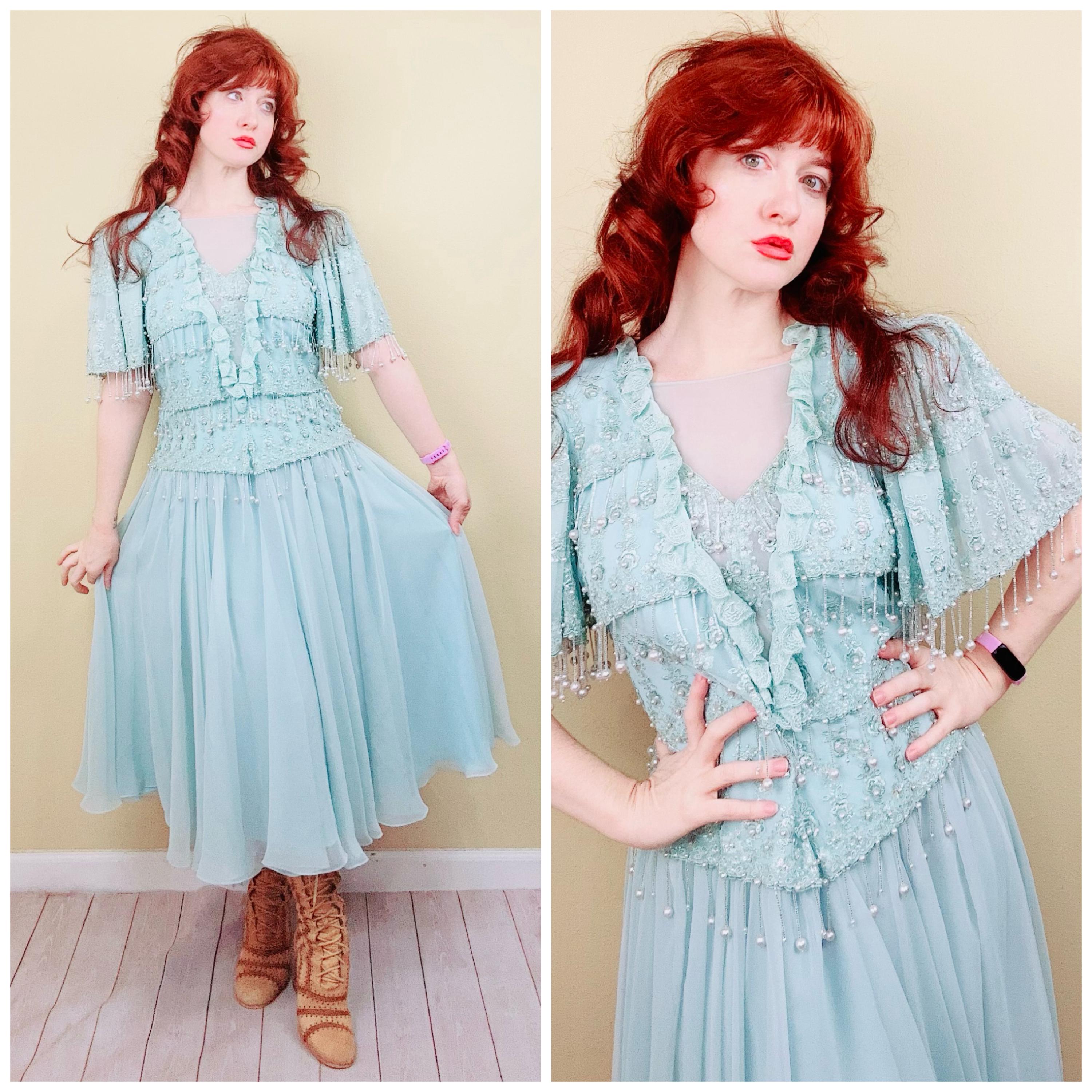 Robe Cocktail Femme Jack Bryan Bleu Perles Taille 14 Longueur Midi