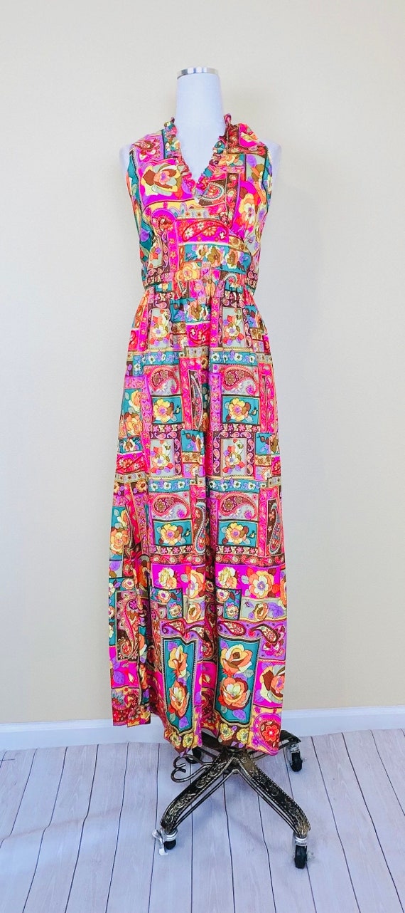 1970s Vintage Neon Paisley Deadstock Halter Dress… - image 2