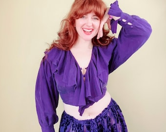 1990s Vintage Body Exteriorz Royal Purple Cropped Ruffled Front Romantic Blouse / Small - Medium