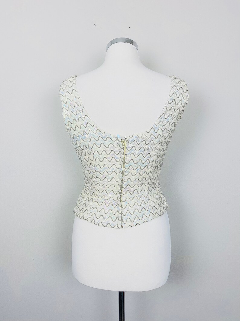 1960s Vintage Stephen O/'grady Cream Sequin Tank 60s Sixties Sequined Squiggle Blouse Size Small