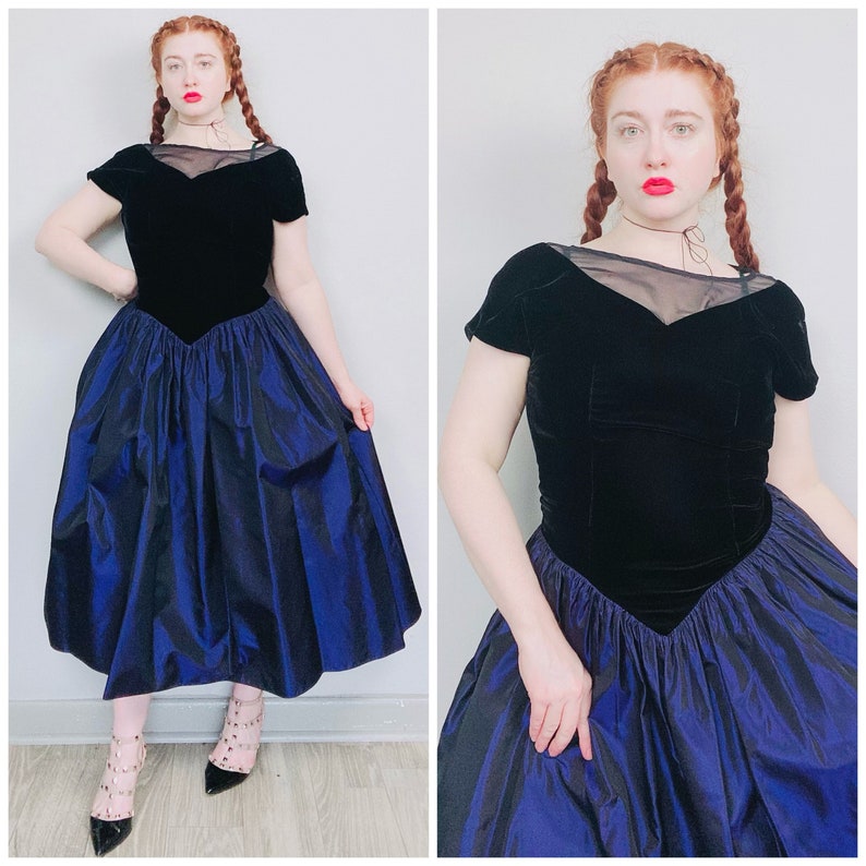 1980s Vintage Dessy Creations Sheer Illusion Party Dress / Velvet and Blue Metallic Taffeta Prom Gown / Size Medium image 1
