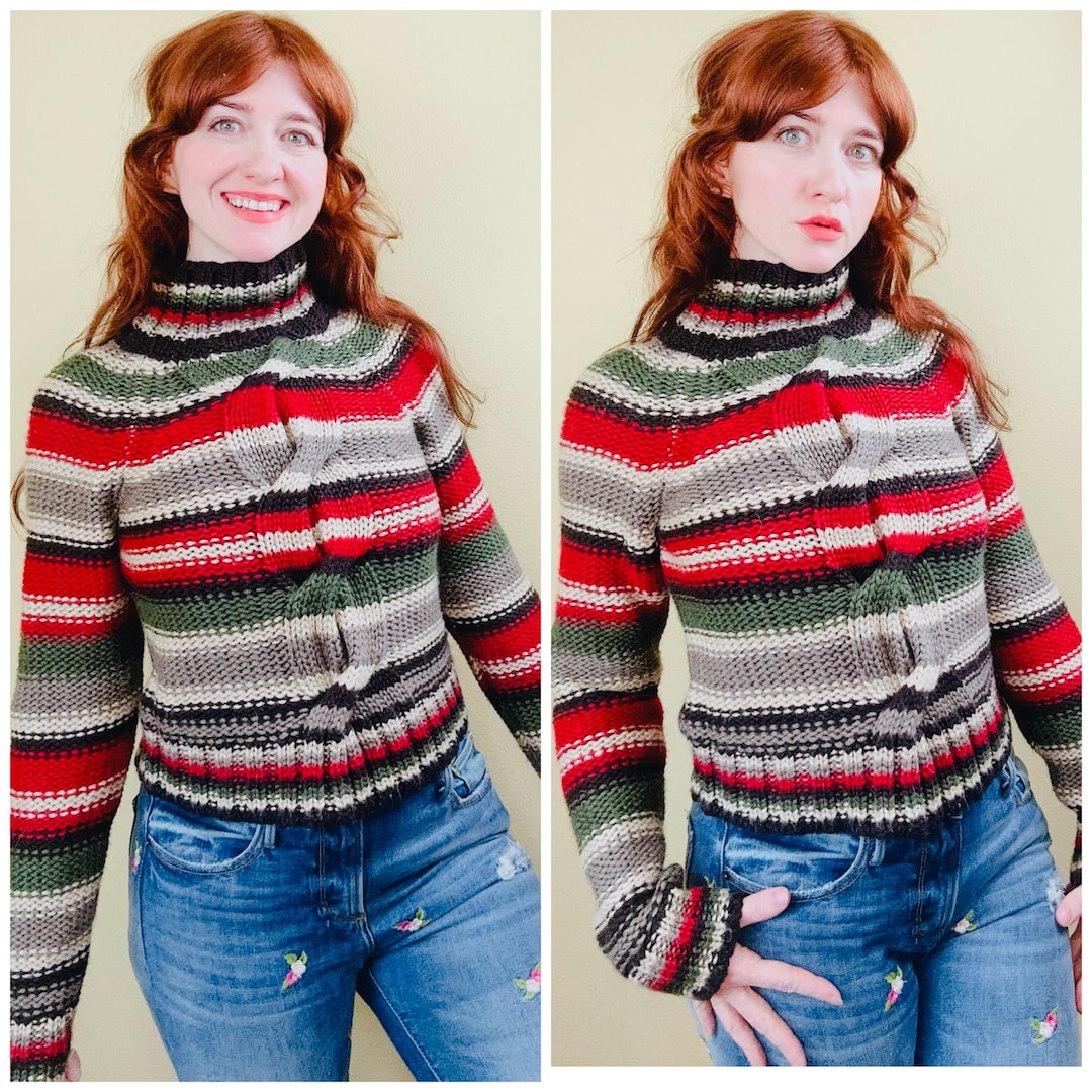 90s Striped Cable Knit Sweater, Turtle Neck Acrylic Top - Etsy