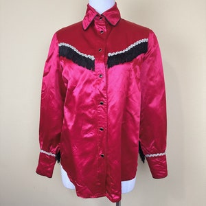 1980s Vintage Homemade Red Satin Western Shirt / 80s Silver and Black Fringe Rodeo Snap Blouse / Medium Large image 3