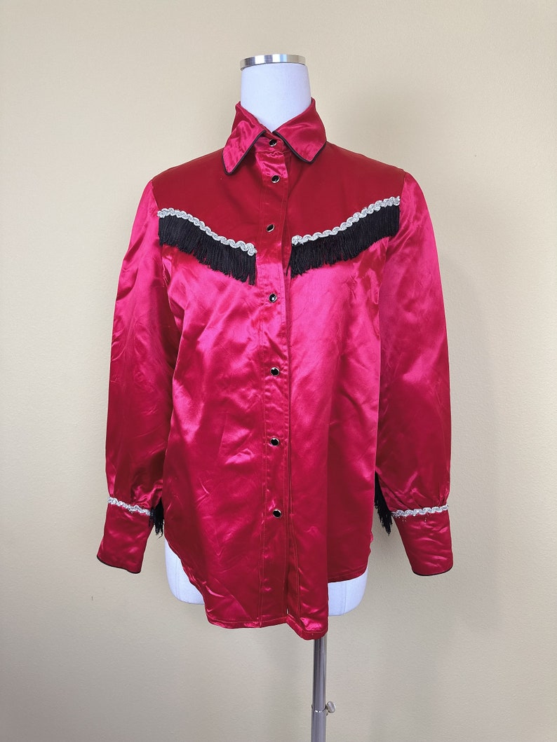 1980s Vintage Homemade Red Satin Western Shirt / 80s Silver and Black Fringe Rodeo Snap Blouse / Medium Large image 3