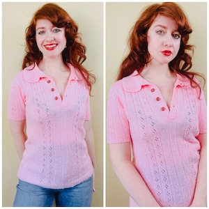 1970s Pink Pointelle Knit Polo Top: Vintage Boucle Shirt (L-XL)
