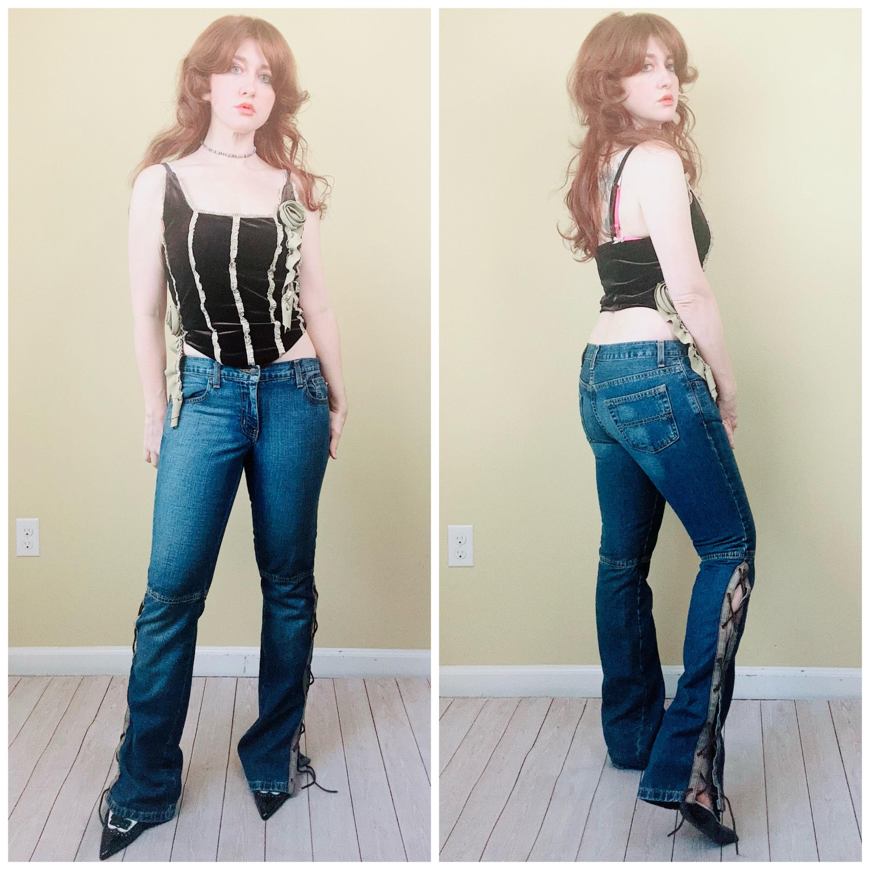 パンツ Rare unknown Lace-up Flare wax Pants y2k Rare Vintage Y2K Low Rise Lace-Up Flare Jeans - Imber Vintage